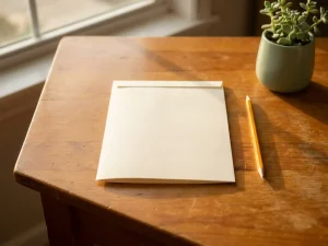 Anschreiben auf einem Holzschreibtisch neben einem Bleistift und kleiner grüner Topfpflanze im warmen Sonnenlicht.