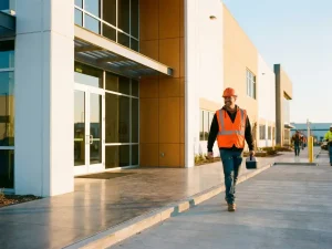 Lächelnder Industriearbeiter in orangefarbener Sicherheitsweste betritt bei goldenem Morgenlicht den Eingang einer modernen Fabrik.
