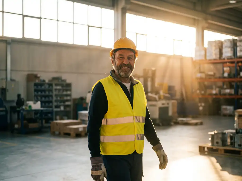 Lächelnder Industriearbeiter in Warnweste betritt moderne Fabrikhalle im goldenen Morgenlicht.