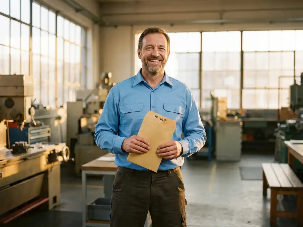 Lächelnder Arbeiter in Arbeitsuniform hält Gehaltsabrechnung in moderner Werkstatt mit warmem Morgenlicht.