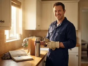 Lächelnder Industriearbeiter in Marineblau bereitet Lunchpaket und Thermoskanne in sonniger Küche vor.