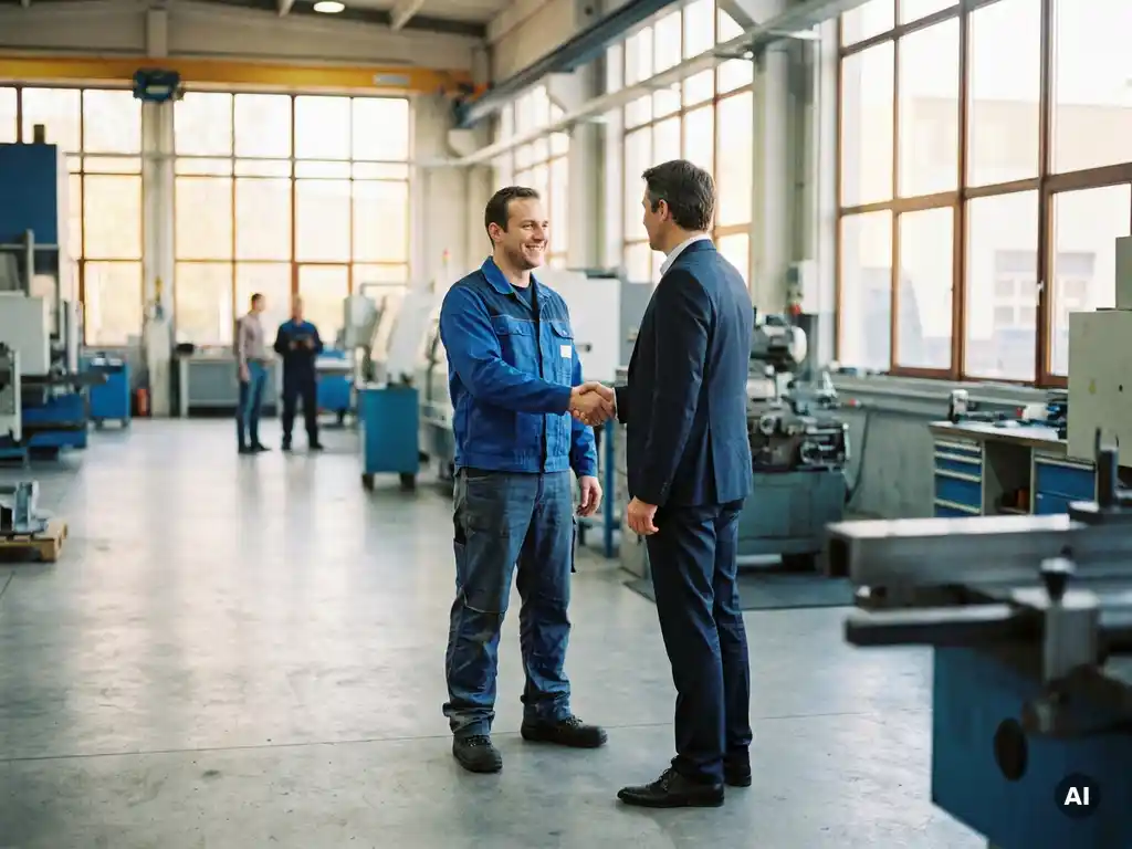 Blauarbeiter und Recruiter beim Händeschütteln in moderner Industriehalle mit natürlichem Tageslicht.