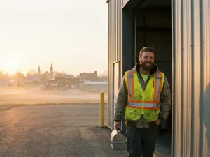 Lächelnder Arbeiter in Warnweste verlässt nach Nachtschicht eine Industrieanlage im goldenen Morgenlicht mit Kleinstadtsilhouette im Hintergrund.