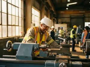 Lächelnder Arbeiter mit Schutzhelm und Warnweste bedient Maschinen in einer hellen Industriehalle mit warmem Gegenlicht.