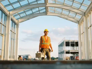 Bauarbeiter in orangefarbener Sicherheitsweste und Schutzhelm am Eingang einer modernen Industriebaustelle im goldenen Sonnenlicht.
