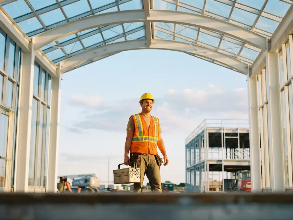 Bauarbeiter in orangefarbener Sicherheitsweste und Schutzhelm am Eingang einer modernen Industriebaustelle im goldenen Sonnenlicht.
