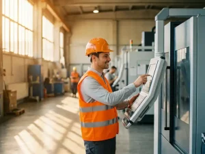 Arbeiter in Sicherheitsweste bedient Industriemaschine in hell erleuchteter Fabrikhalle mit goldenem Lichteinfall.