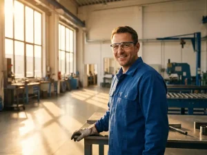 Selbstbewusster Arbeiter in sauberer Arbeitskleidung an modernem Industriearbeitsplatz mit warmem Goldstundenlicht durch große Fabrikfenster.