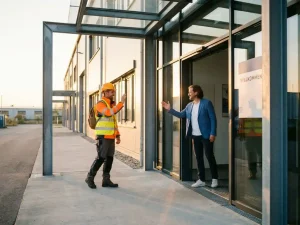 Lächelnder Arbeiter in Warnweste wird von einem Personalberater am Eingang einer modernen Fabrik in Süddeutschland begrüßt.