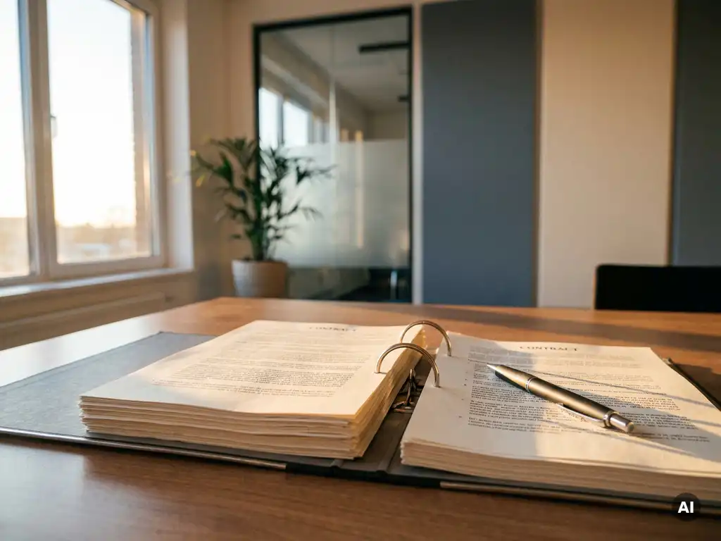 Aufgeschlagener Ordner mit Vertragsunterlagen auf modernem Bürotisch, Stift diagonal abgelegt, warmes Naturlicht.