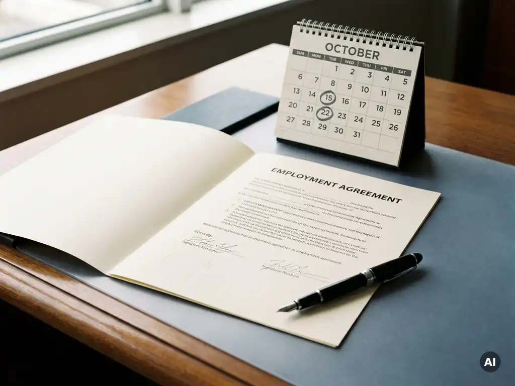 Arbeitsvertrag auf einem Schreibtisch mit Kalender und Stift, weiches Fensterlicht, professionelle Atmosphäre.