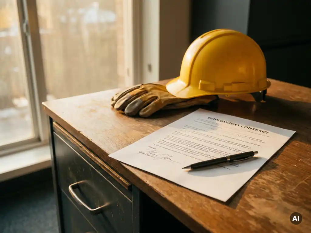 Unterzeichneter Arbeitsvertrag auf Schreibtisch neben Schutzhelm und Sicherheitshandschuhen, Stift quer auf Dokument, warmes Nachmittagslicht.