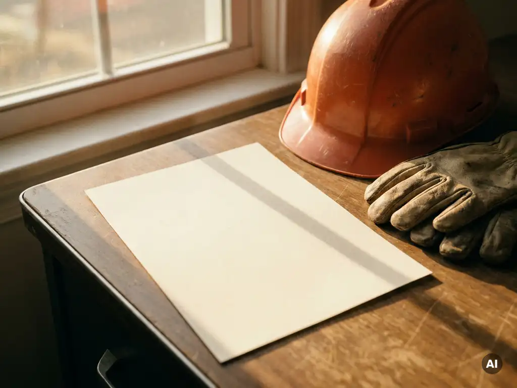 Arbeitszeugnis auf einem Schreibtisch neben Schutzhelm und Arbeitshandschuhen im warmen Nachmittagslicht einer Personalvermittlung.