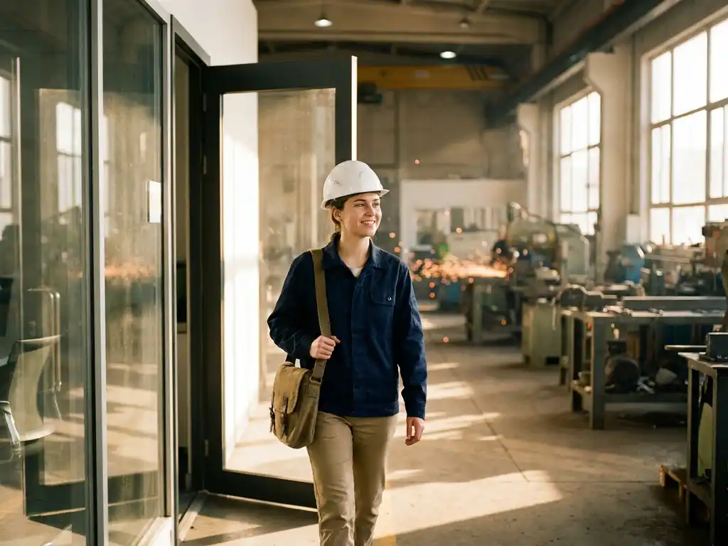 Junger Berufseinsteiger mit Schutzhelm betritt selbstbewusst eine moderne Industriewerkstatt im goldenen Abendlicht.