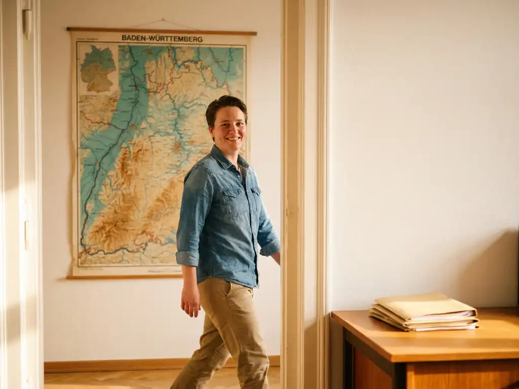 Lächelnde Person in Arbeitskleidung tritt durch helle Bürotür; Karte von Baden-Württemberg an der Wand, Bewerbungsmappen auf dem Schreibtisch.