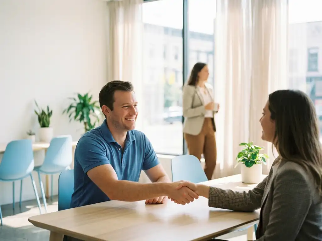 Lächelnder Bewerber im blauen Poloshirt gibt Recruiter die Hand, modernes Büro mit Tageslicht im Hintergrund.