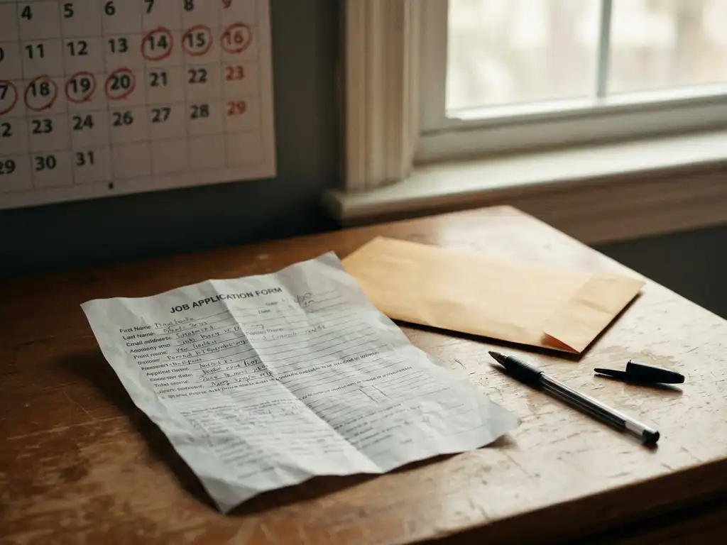 Zerknitterte, halb ausgefüllte Bewerbung auf Holzschreibtisch neben ungeöffnetem Umschlag, Stift und verschwommenem Kalender mit markierten Daten.
