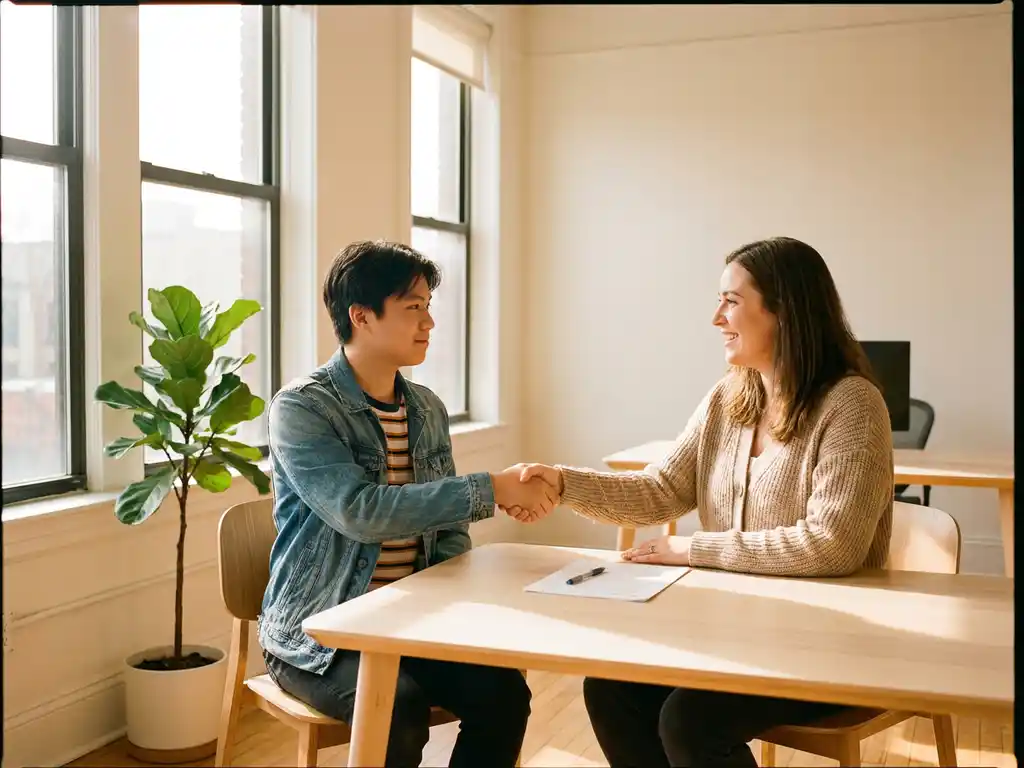 Junger Bewerber gibt Recruiter im modernen Büro die Hand, Bewerbungsformular auf dem Tisch, Sonnenlicht durch große Fenster.