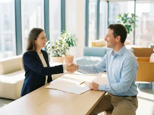Junger Bewerber im Bewerbungsgespräch beim Händeschütteln mit Recruiter, Lebenslauf auf modernem Bürotisch, natürliches Licht.