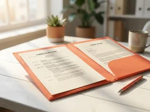 Aufgeklappte Bewerbungsmappe mit Lebenslauf und Anschreiben auf weißem Schreibtisch, Stift daneben, natürliches Tageslicht.