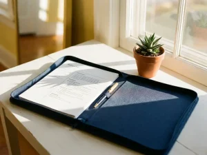 Aufgeklappter Bewerbungsordner mit gedrucktem Lebenslauf, Stift und kleiner Topfpflanze auf weißem Schreibtisch im Sonnenlicht.