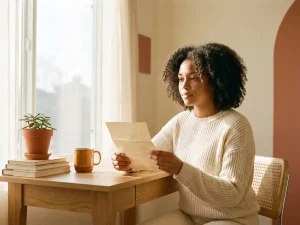 Junger Berufstätiger liest einen Brief am hellen Holzschreibtisch, Morgensonne fällt durch ein großes Fenster, Kaffeetasse und Pflanze daneben.