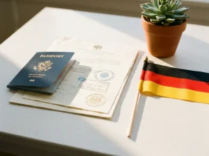 Reisepass, übersetzte Zeugnisse und Antragsunterlagen auf weißem Schreibtisch mit kleiner Deutschlandfahne und grüner Pflanze.