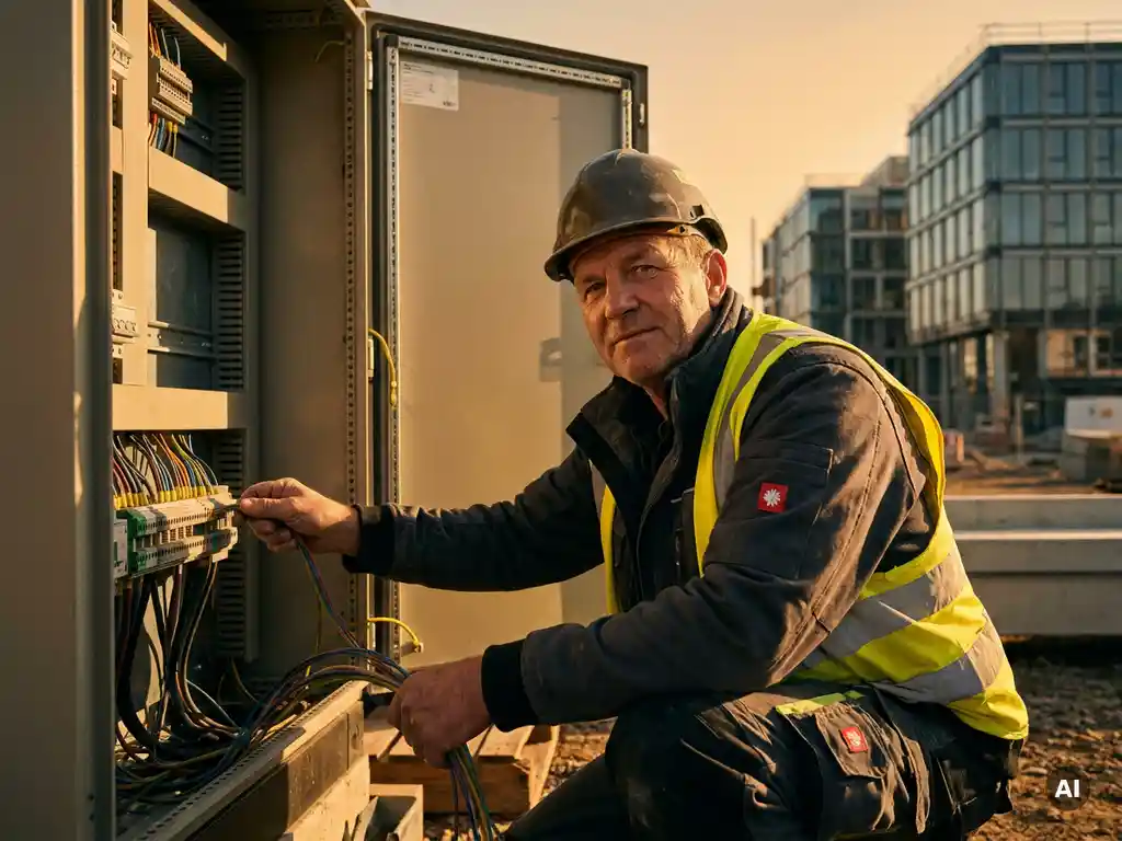 Elektriker in Arbeitsuniform verkabelt einen geöffneten Sicherungskasten auf einer Baustelle in Heilbronn im goldenen Abendlicht.