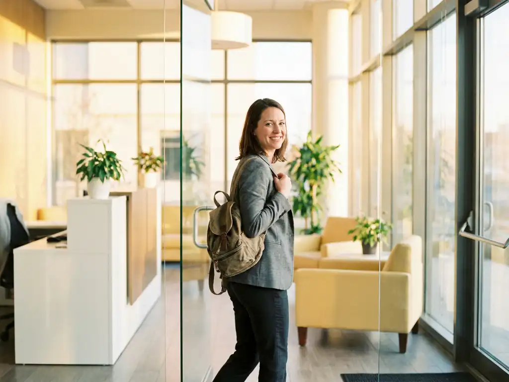 Lächelnder Elternteil in Business-Casual-Kleidung betritt ein modernes, lichtdurchflutetes Bürogebäude mit kleinem Rucksack.