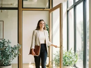 Junger Berufstätiger in Smart-Casual-Kleidung betritt selbstbewusst ein modernes Büro mit Ledertasche, sonnendurchfluteten Glasfenstern und grünen Pflanzen.