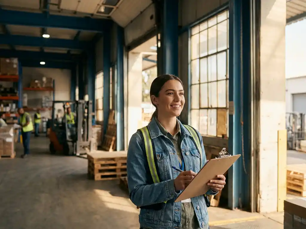 Junger Erwachsener mit Klemmbrett am Eingang eines belebten Lagerhauses, goldenes Morgenlicht fällt durch große Industrietore.