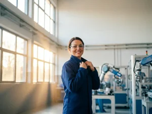 Fabrikarbeiterin in marineblauer Uniform beim Frühschichtbeginn, goldenes Morgenlicht fällt durch Industriefenster auf modernen Produktionsboden.