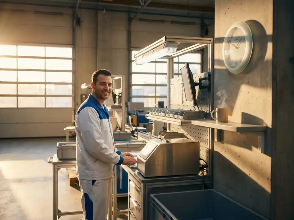 Fabrikarbeiter in sauberer Uniform an hellem Industriearbeitsplatz, Morgensonne durch große Lagerhausfenster, Kaffeetasse auf Regal daneben.