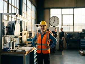 Fabrikarbeiter mit Schutzhelm und Warnweste an industriellem Arbeitsplatz, warmes Morgenlicht durch Lagerhausfenster.