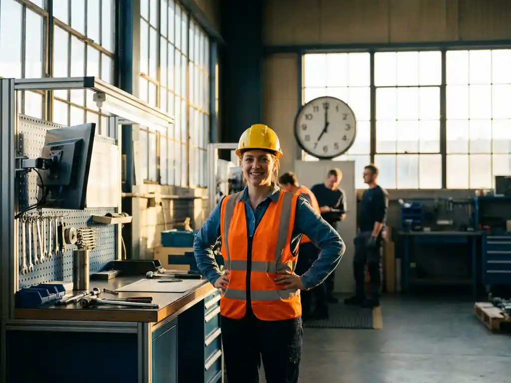 Fabrikarbeiter mit Schutzhelm und Warnweste an industriellem Arbeitsplatz, warmes Morgenlicht durch Lagerhausfenster.