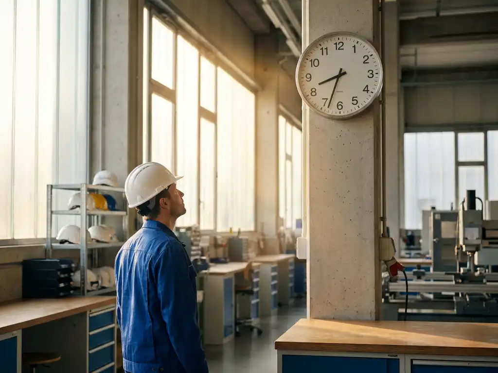 Fabrikarbeiter mit Schutzhelm blickt auf große Wanduhr in heller Industriehalle mit goldenem Morgenlicht.