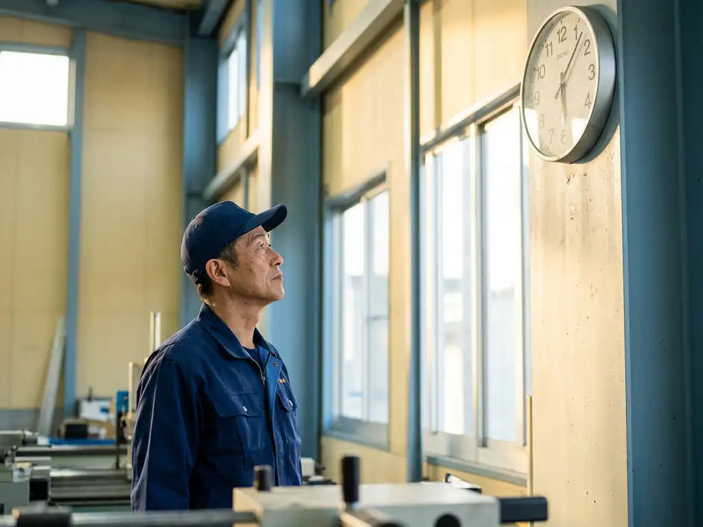 Fabrikarbeiter in marineblauer Uniform prüft Wanduhr in moderner, hell erleuchteter Produktionshalle mit goldenem Morgenlicht.