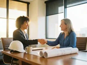 Junger Fachkraft beim Handschlag mit Recruiter im modernen Büro, Schutzhelm und technische Pläne auf dem Schreibtisch sichtbar.