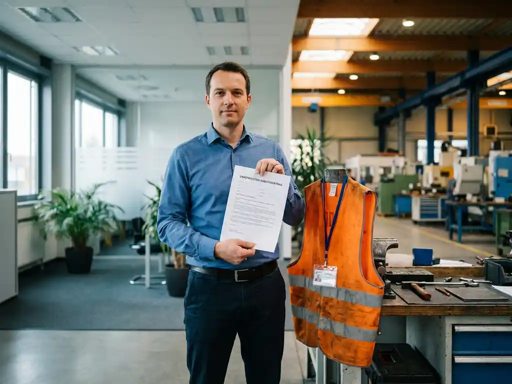 Arbeiter in Freizeitkleidung hält unbefristeten Arbeitsvertrag, temporäres Werksabzeichen und Warnweste auf Werkbank im Hintergrund.