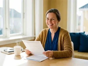 Frau Mitte 40 prüft ihren Lebenslauf am modernen Schreibtisch im Sonnenlicht, Kaffeetasse daneben, optimistische Bewerbungsatmosphäre.