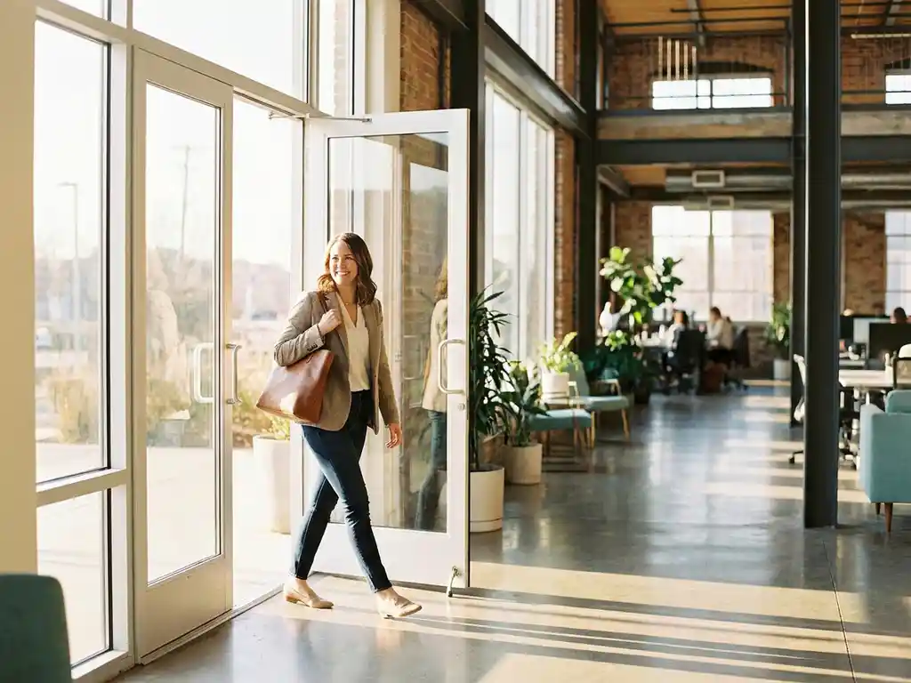 Frau in Business-Casual-Kleidung betritt ein modernes Büro mit Glasfront, Morgenlicht und industriellem Interieur im Hintergrund.