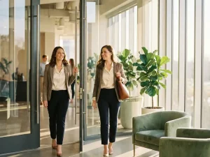 Selbstbewusste Frau in Business-Casual-Outfit betritt sonnendurchflutetes Bürogebäude mit Glastür und grünen Pflanzen.