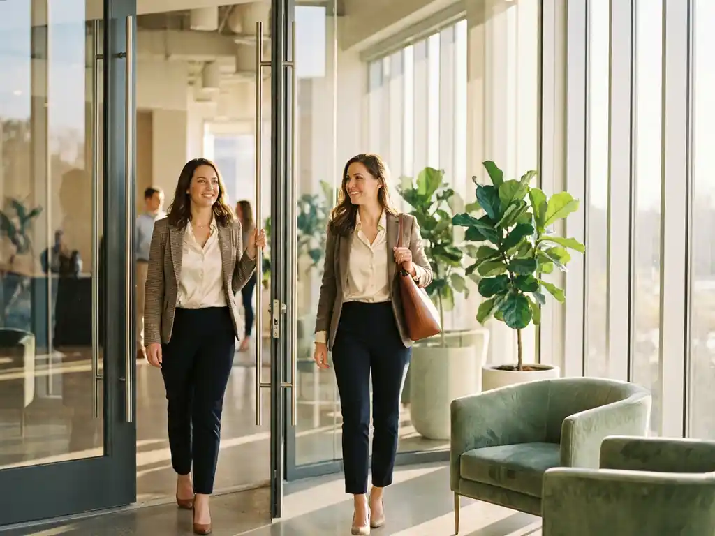 Selbstbewusste Frau in Business-Casual-Outfit betritt sonnendurchflutetes Bürogebäude mit Glastür und grünen Pflanzen.