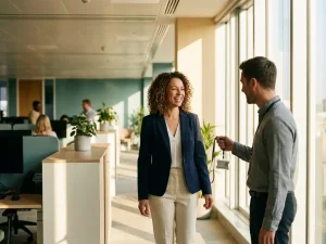 Frau in Business-Casual-Kleidung erhält neuen Mitarbeiterausweis von Kollegin in modernem Büro mit natürlichem Licht.