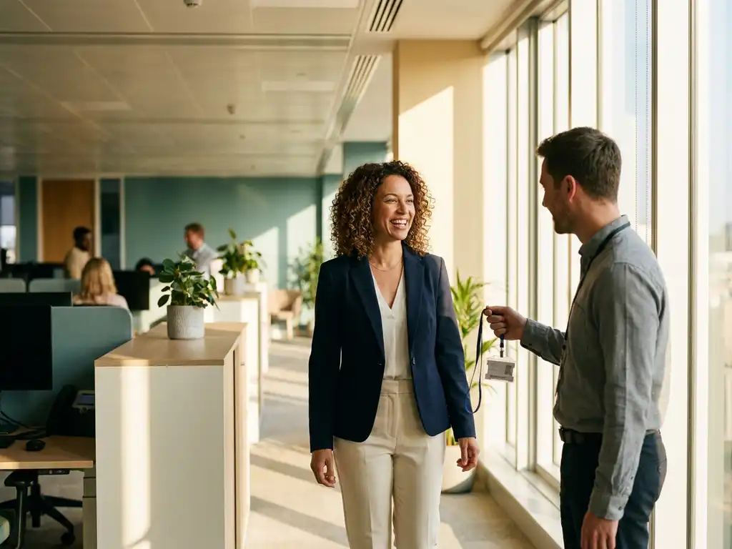 Frau in Business-Casual-Kleidung erhält neuen Mitarbeiterausweis von Kollegin in modernem Büro mit natürlichem Licht.