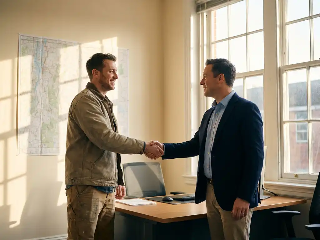 Handwerker im Arbeitsoutfit gibt Recruiter die Hand an hellem Bürotisch, Regionalkarte und Morgenlicht im Hintergrund.