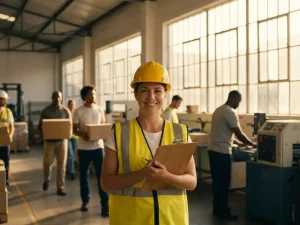Lächelnder Arbeiter mit Warnweste und Klemmbrett in einer hellen Industriehalle mit Kollegen im Hintergrund.