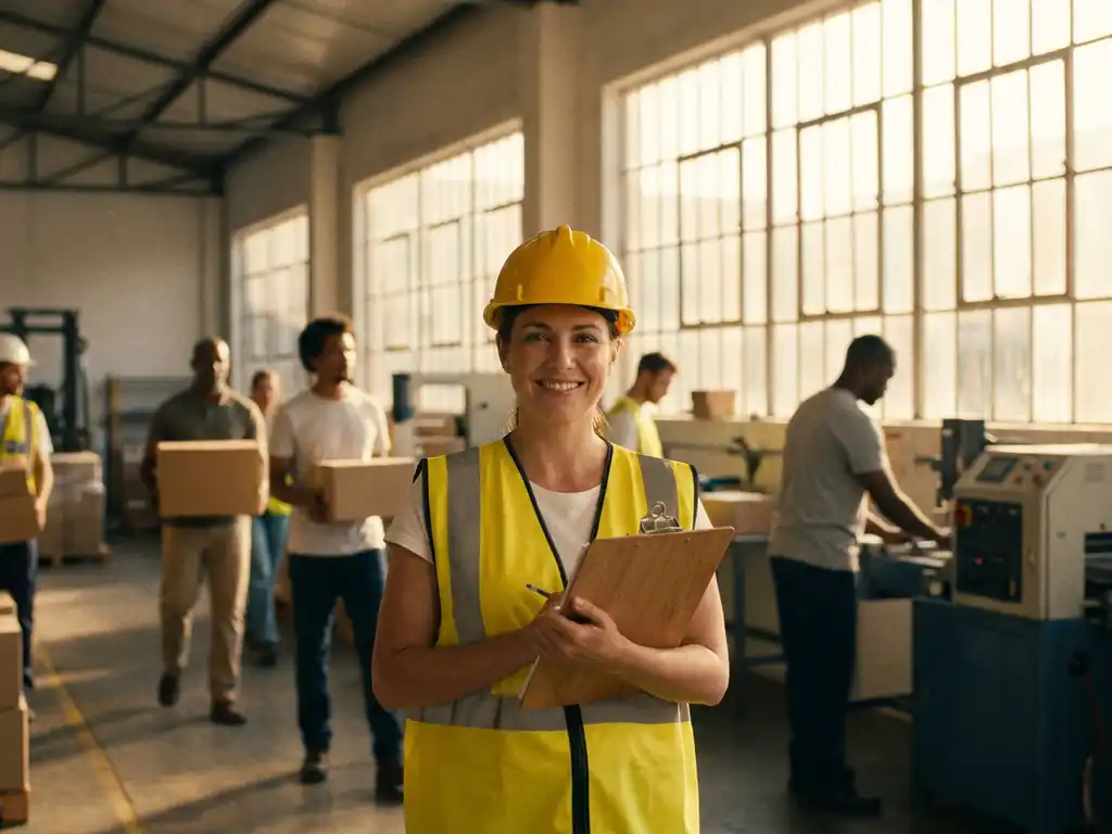 Lächelnder Arbeiter mit Warnweste und Klemmbrett in einer hellen Industriehalle mit Kollegen im Hintergrund.