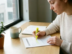 Jobsuchender markiert wichtige Begriffe in einer Stellenanzeige am hellen Schreibtisch, Kaffeetasse und Notizbuch daneben.