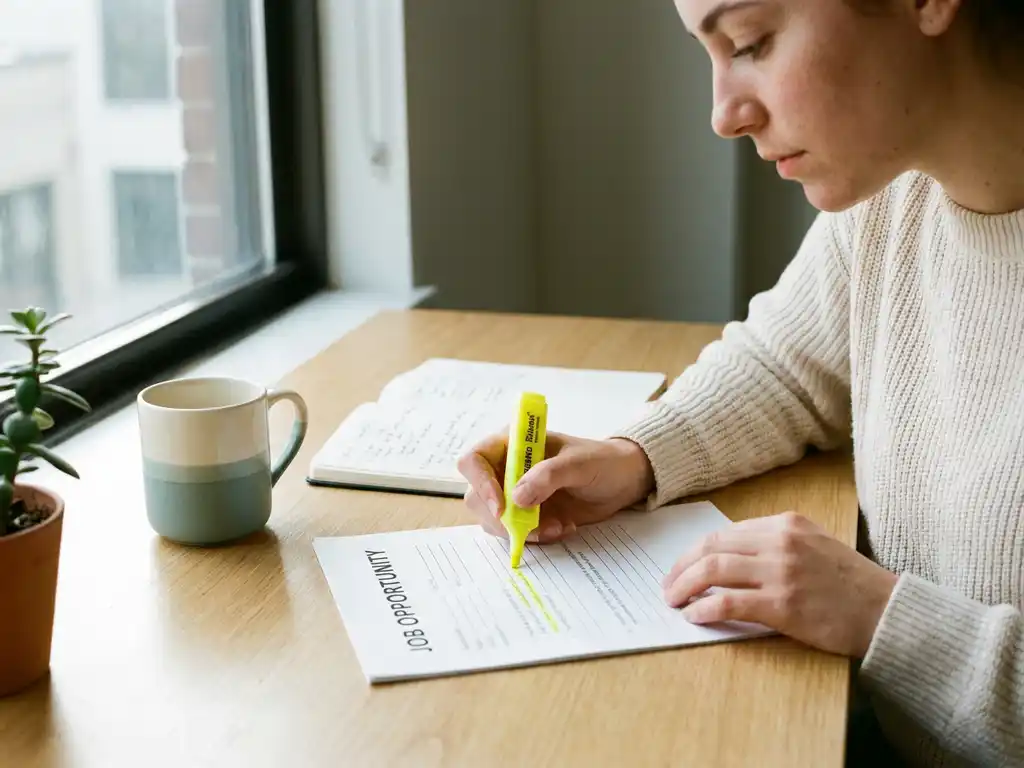Jobsuchender markiert wichtige Begriffe in einer Stellenanzeige am hellen Schreibtisch, Kaffeetasse und Notizbuch daneben.